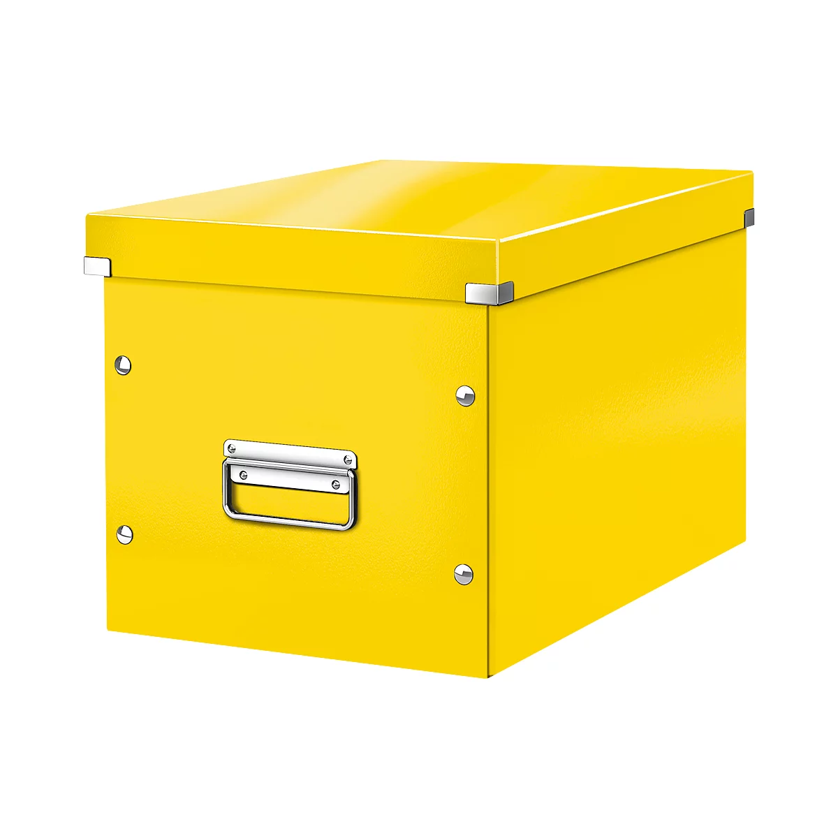 Yellow box with lid and metal handles and corners. Ideal for storing and organizing documents.