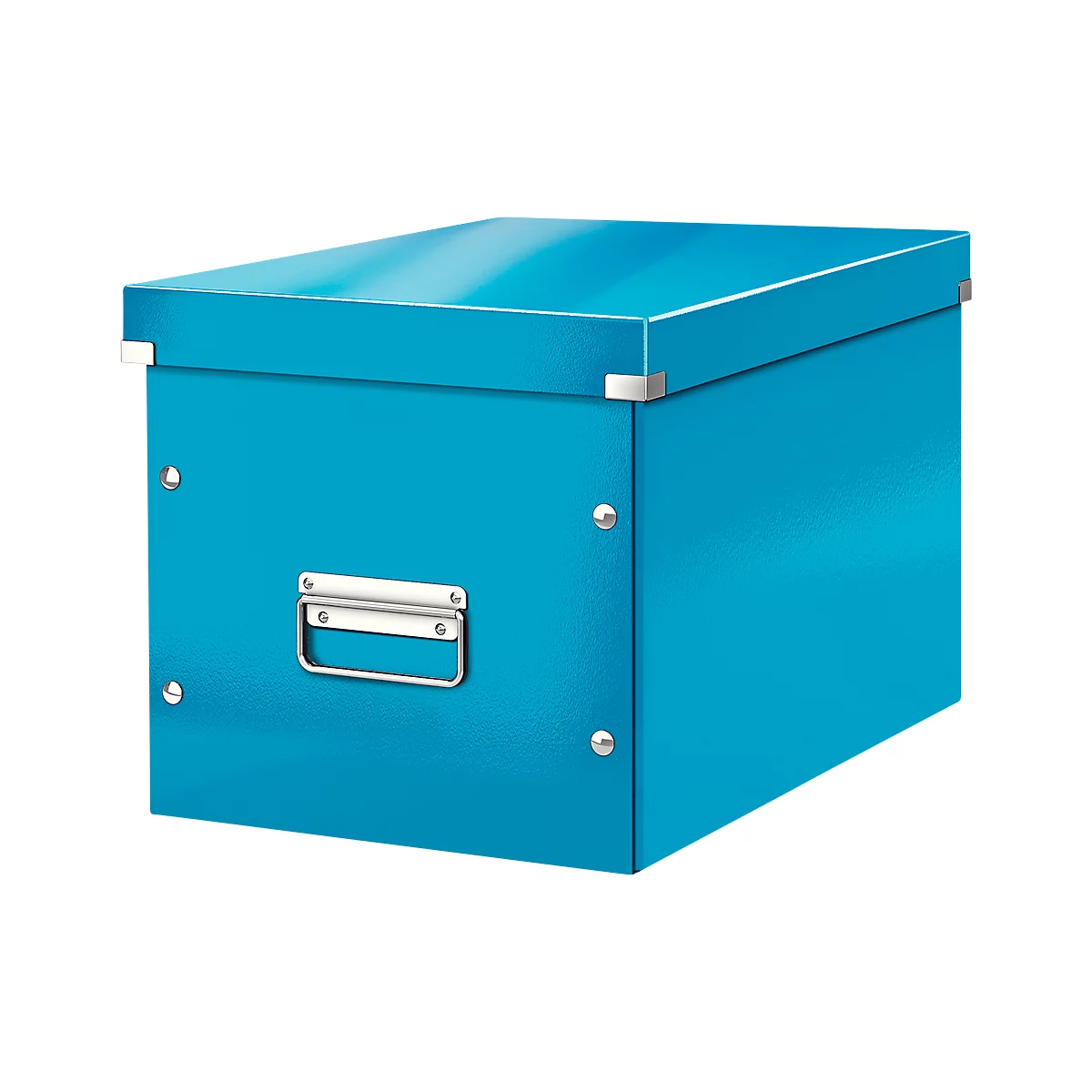Blue storage box with lid and silver handle. The box is square.