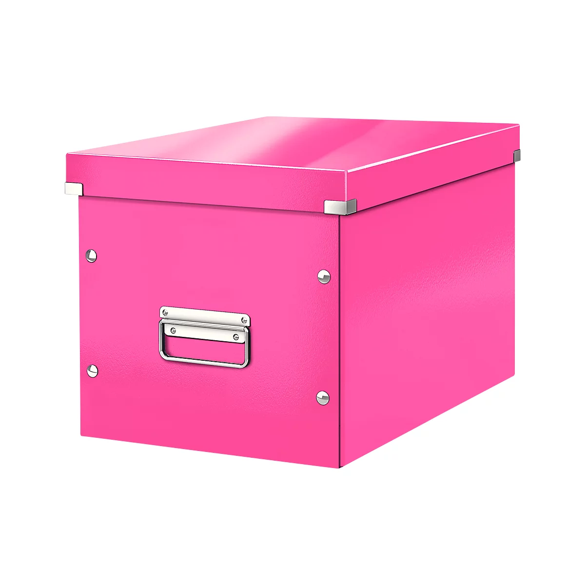 A closed, rectangular pink box with silver handles and corner fittings.