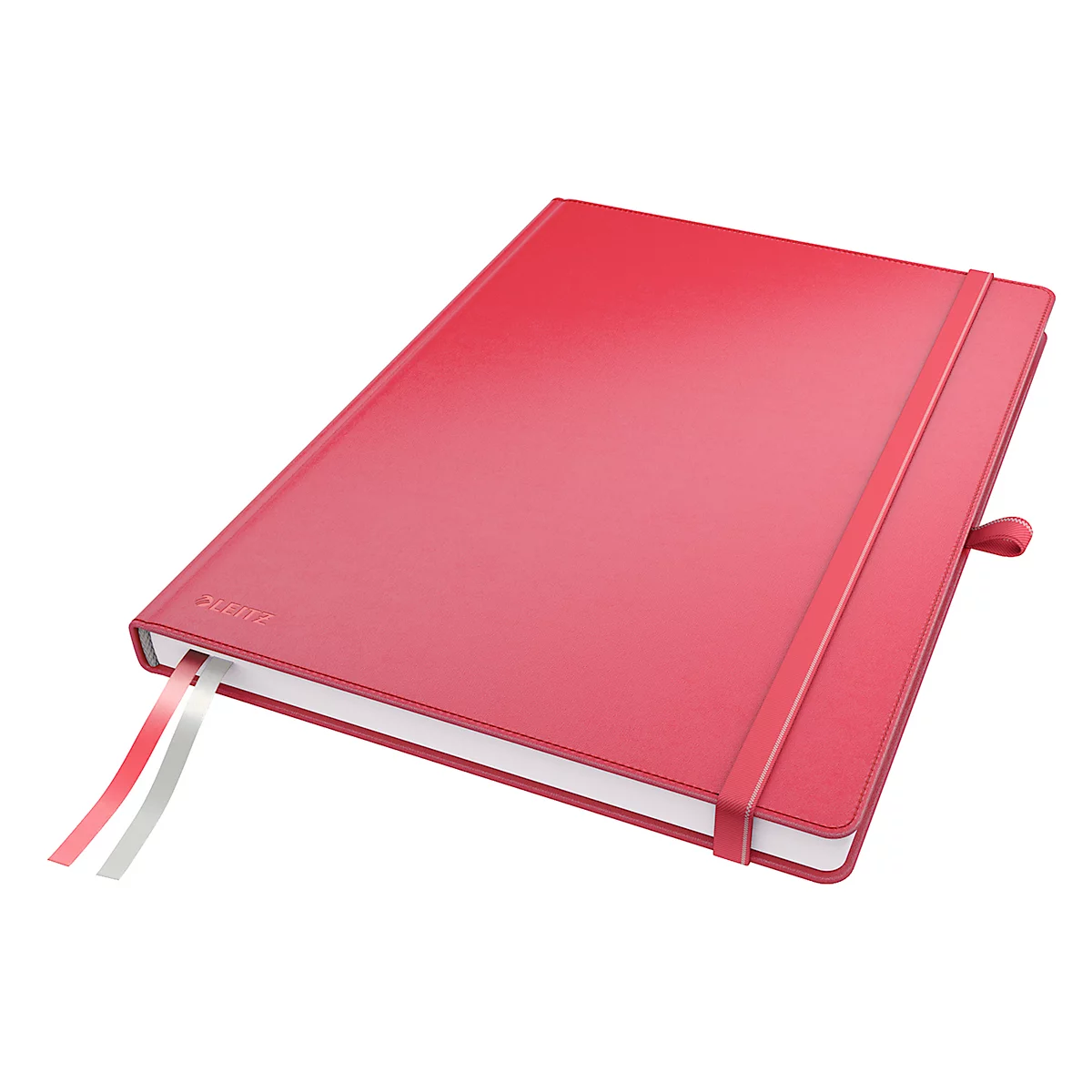 Rood notitieboek met elastiek en bladwijzer. Het boek ligt open, met de elastiek gesloten.