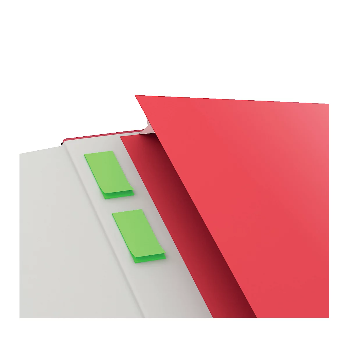 Open map met twee groene memoblaadjes. Rode omslag over wit papier.