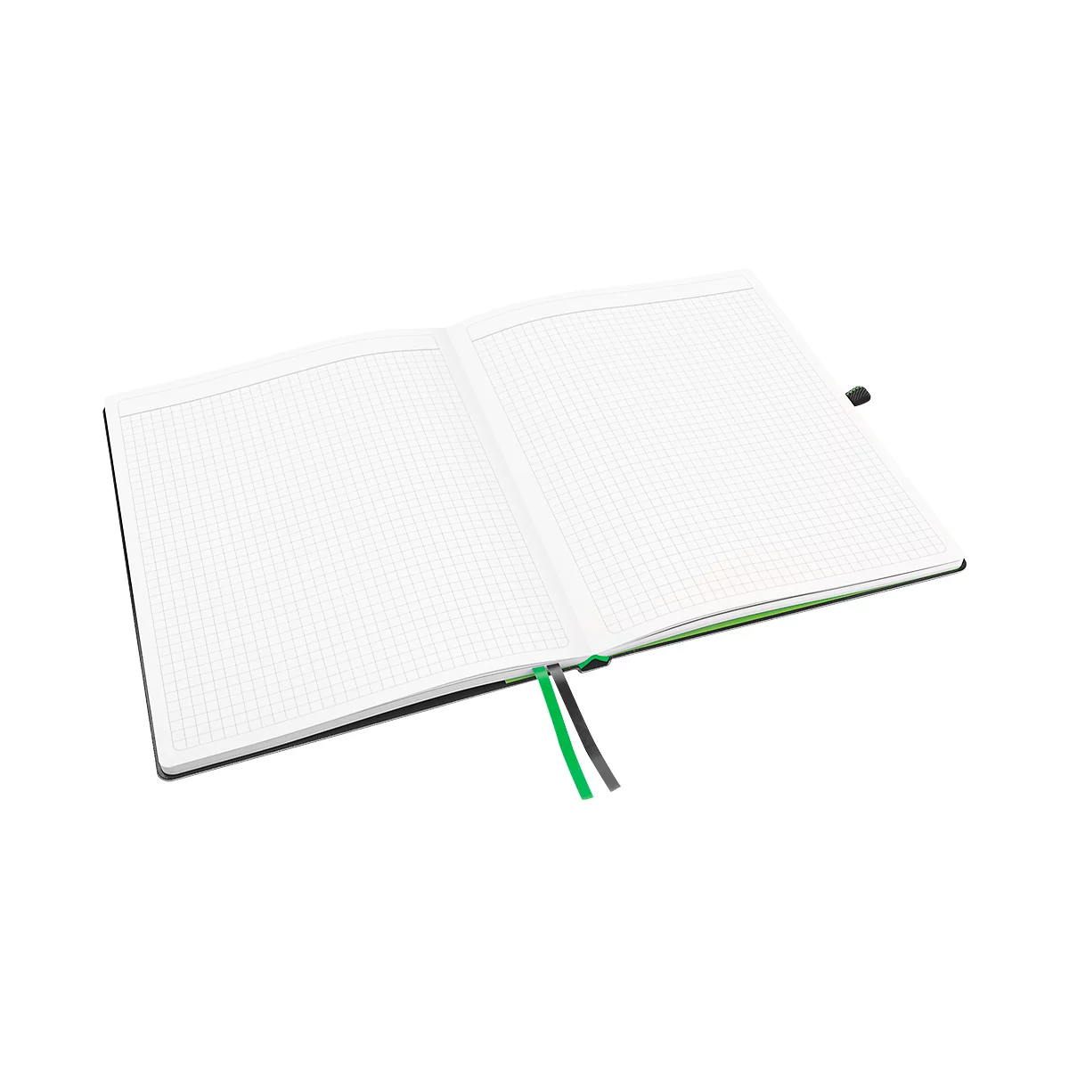 Ein offenes, liniertes Notizbuch mit grünen und grauen Lesezeichen.