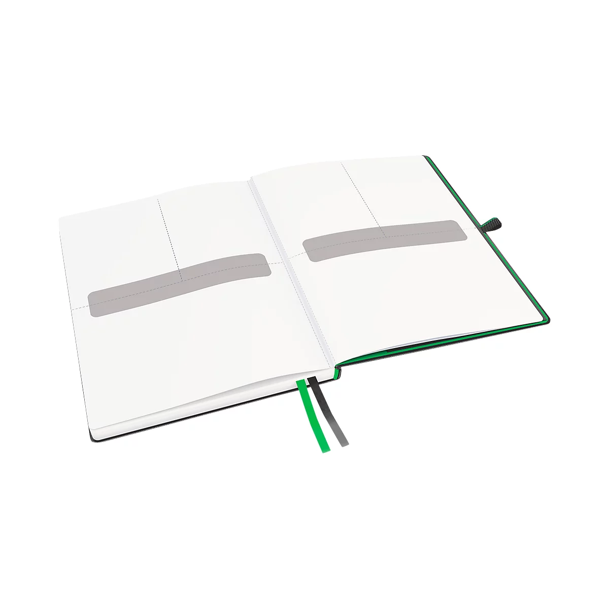 Offenes Notizbuch mit weißen Seiten, grauen Markierungen und grünem Einband. Schwarzes Gummiband zum Verschließen, zwei farbige Lesezeichen.