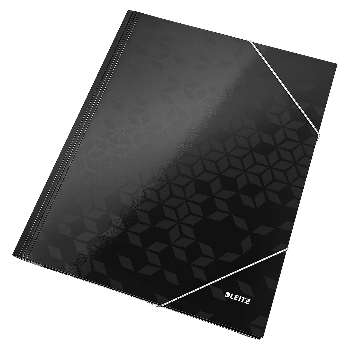 Black Leitz folder with geometric pattern and white elastic band.