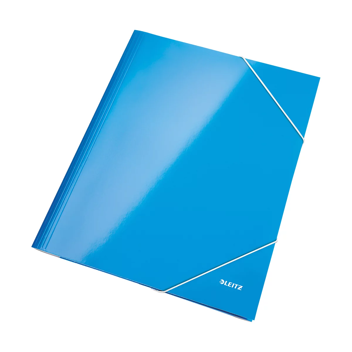 Blue folder with elastic band. The word "LEITZ" is visible on the bottom right corner.
