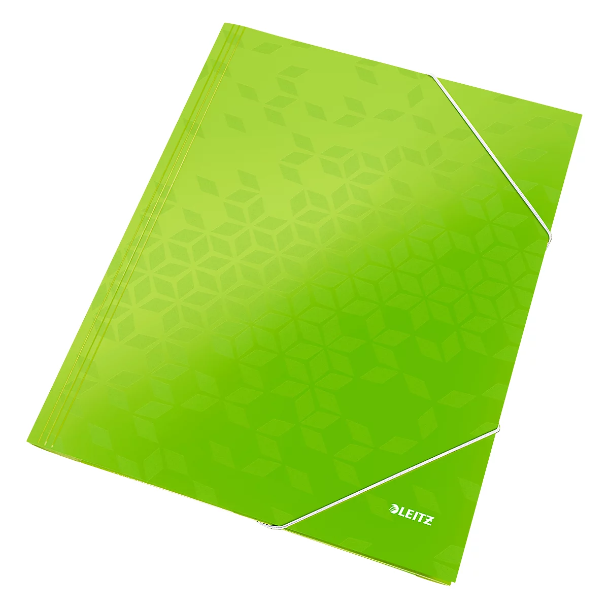 A bright green folder with white elastic band, pattern of squares with Leitz logo.