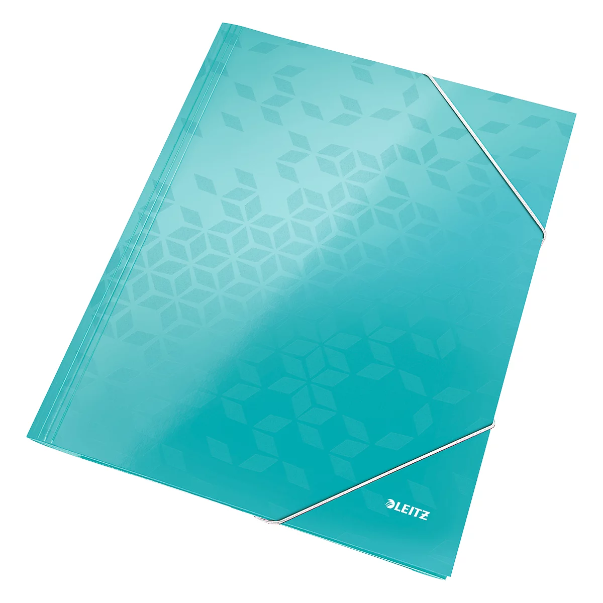 Turquoise folder with pattern and rubber band. The Leitz logo can be seen below.