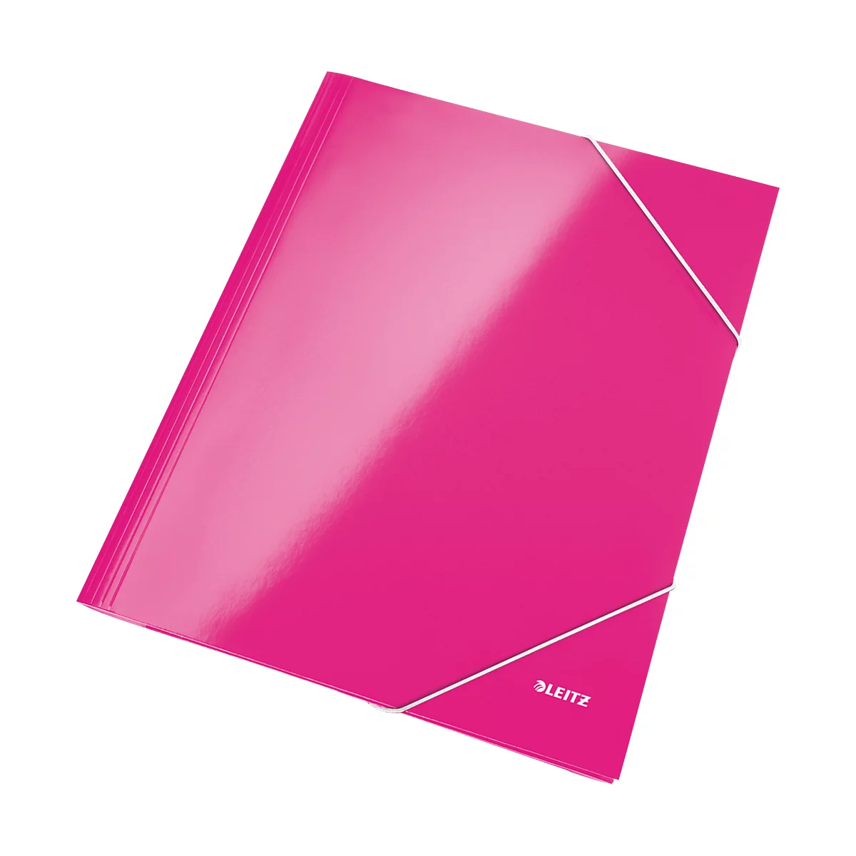 A magenta Leitz folder with a white elastic band closure. Leitz is written in the bottom right corner.