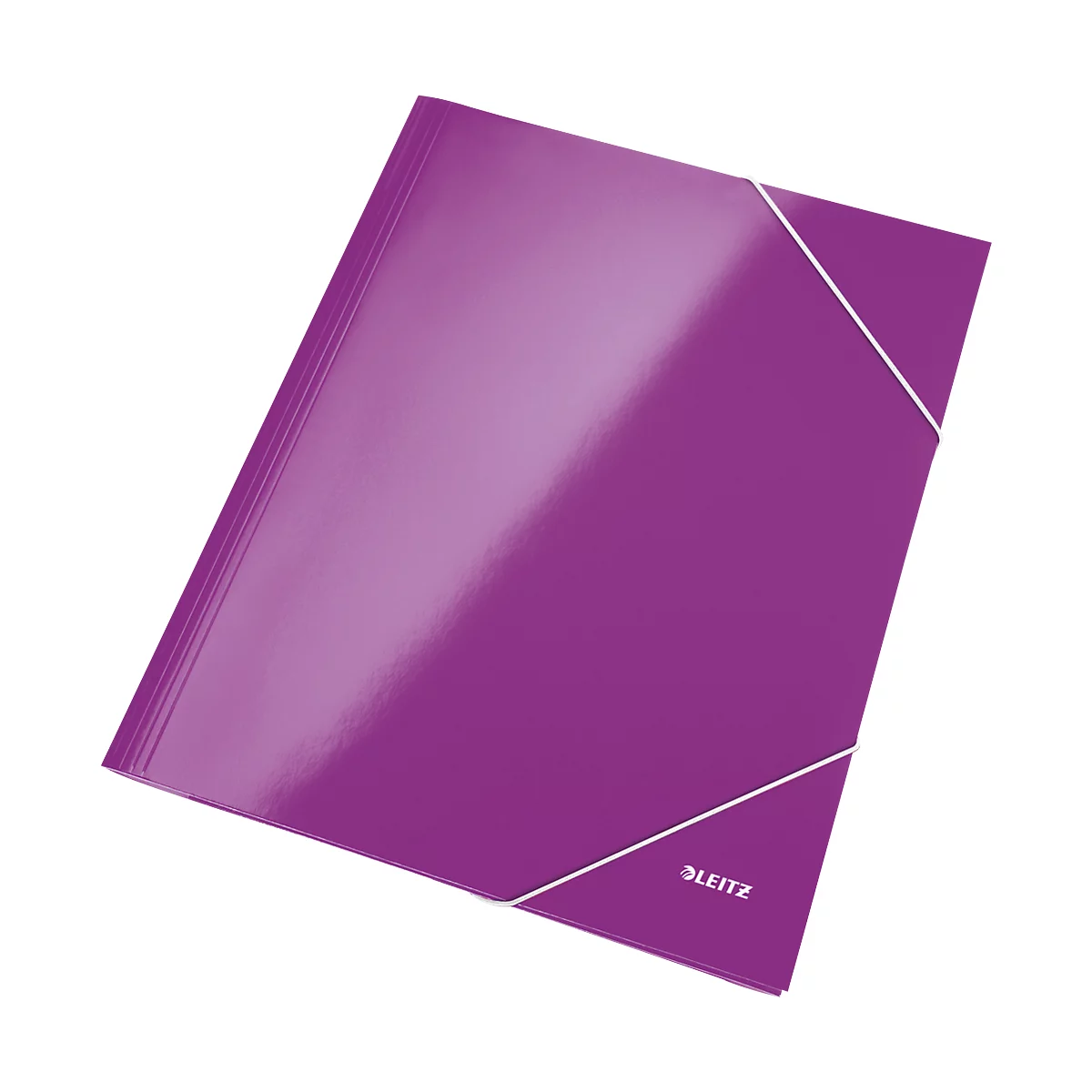 A purple file folder with an elastic band closure. The logo "LEITZ" is visible in the bottom right corner.
