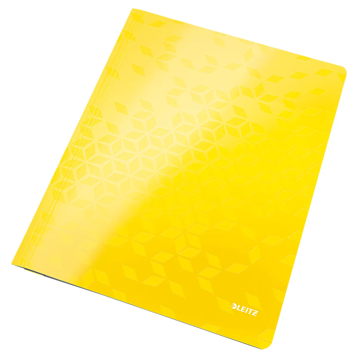 Yellow Leitz folder, with geometric pattern and Leitz logo.