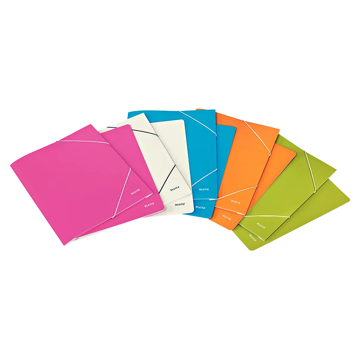 Various colored folders with elastic band. The word 'Leitz' is visible on each folder.