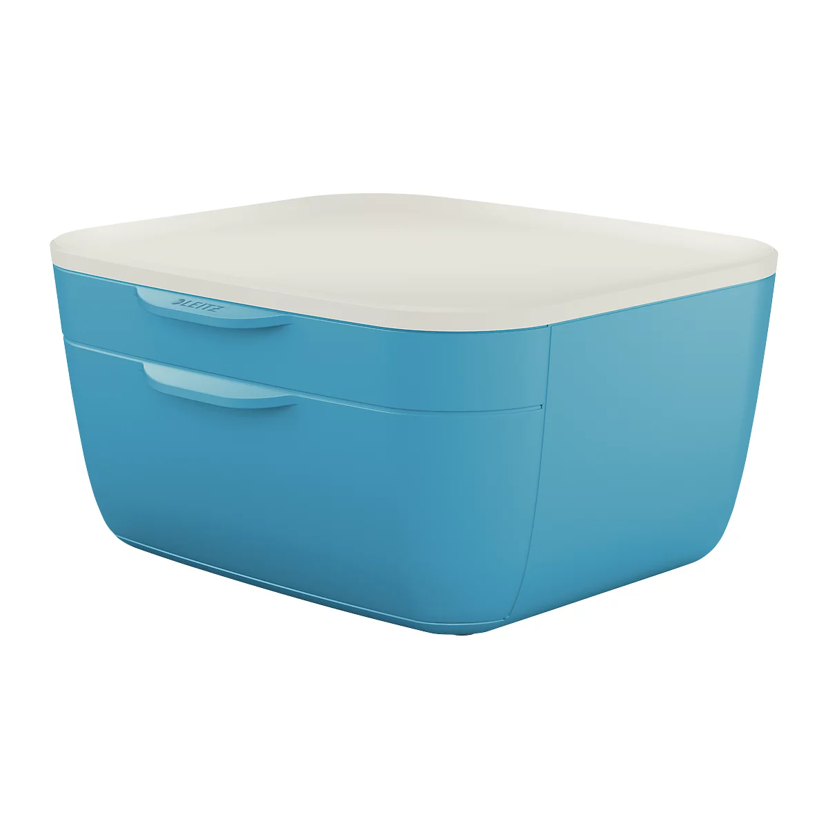 Blue food container with lid. Lid is white. Handles are on the box.