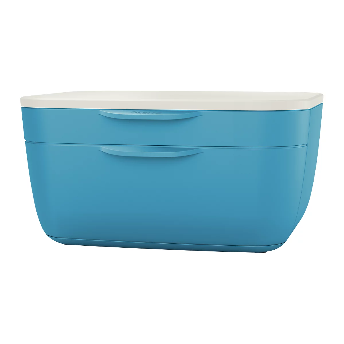 Blue lunch box with white lid and handles.