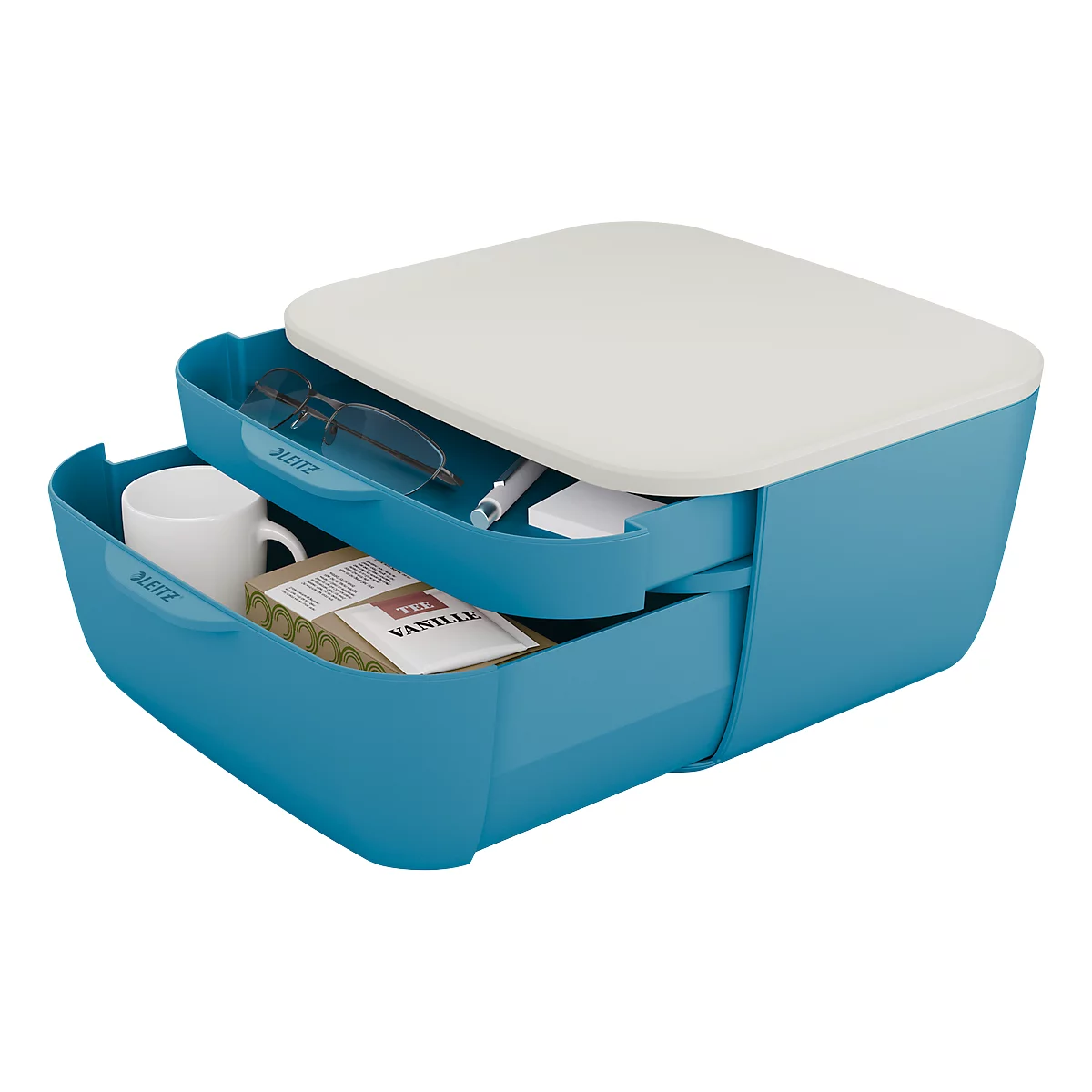 Blue and white storage box with drawers filled with glasses, mug, pen and tea package.