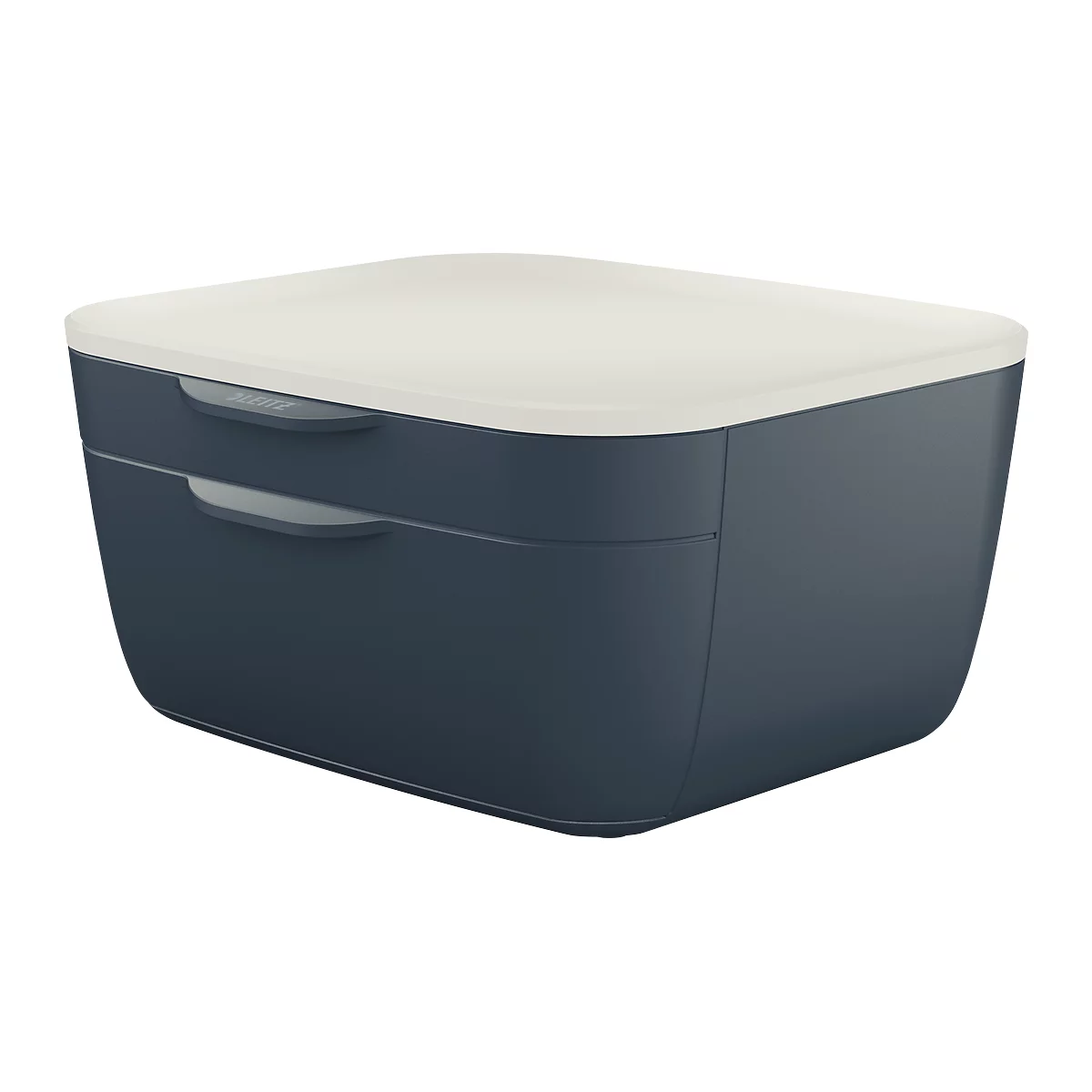 Dark blue lunchbox with a cream-colored lid. Two recessed handles are visible on the front.