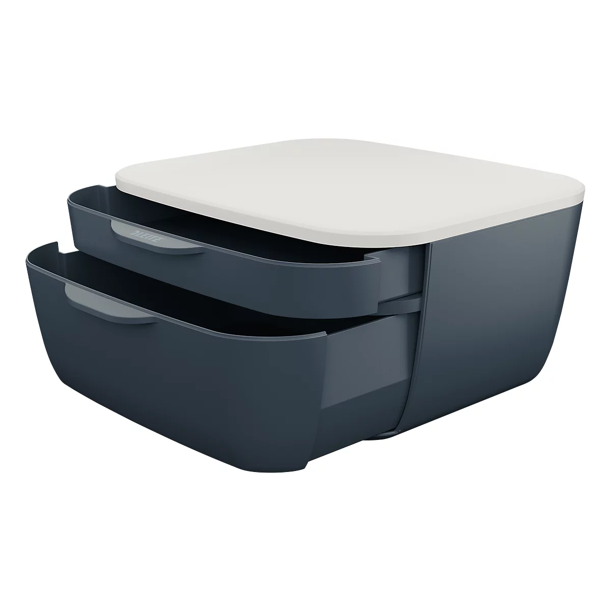 Dark blue lunch box with white lid. Two drawers with gray handles.