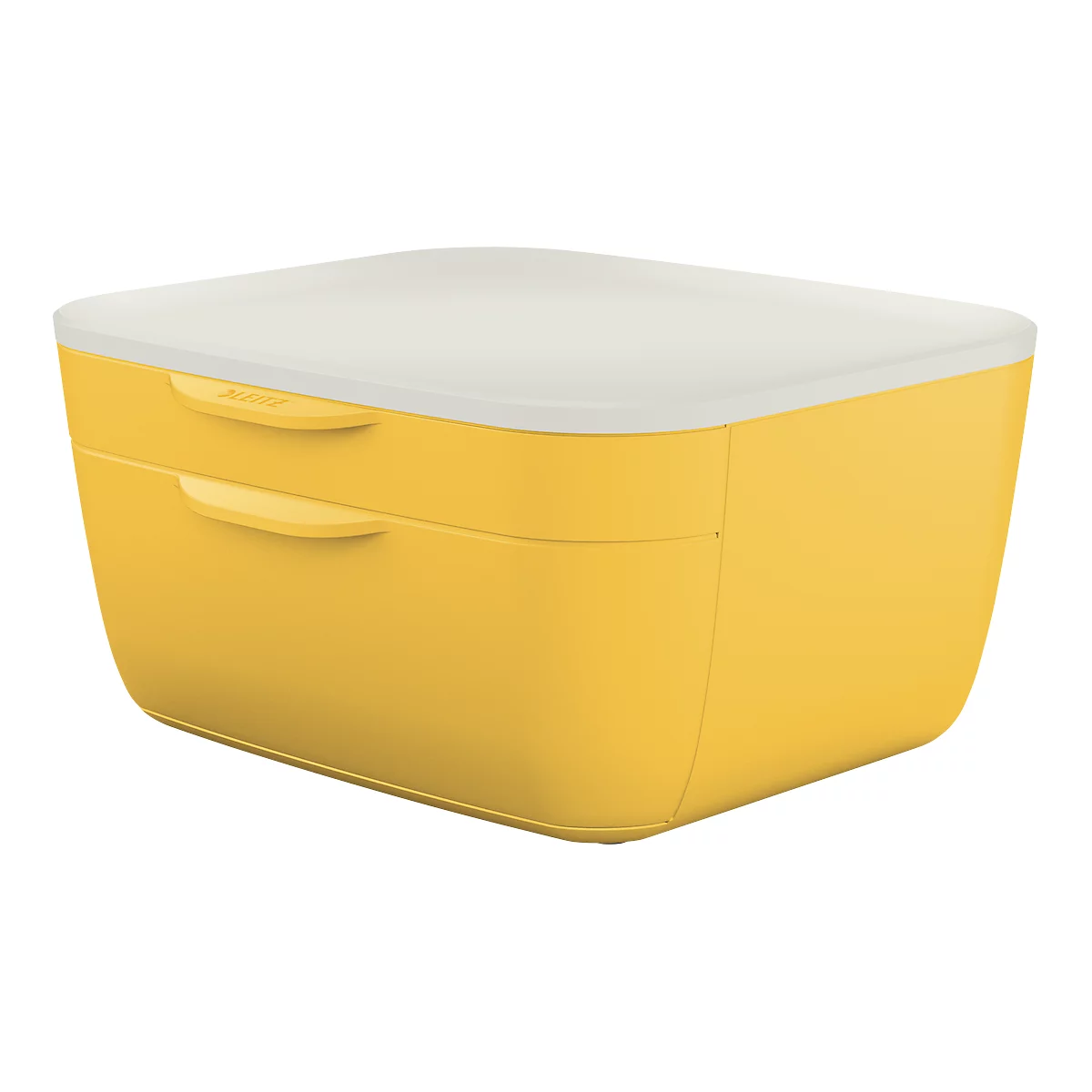 Yellow lunch box with white lid, two handles and lettering.