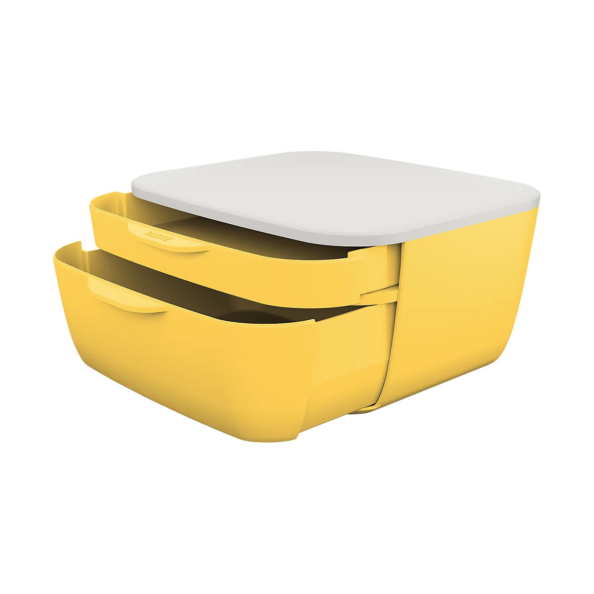 Yellow lunch box with white lid. Two compartments, lid slightly open.