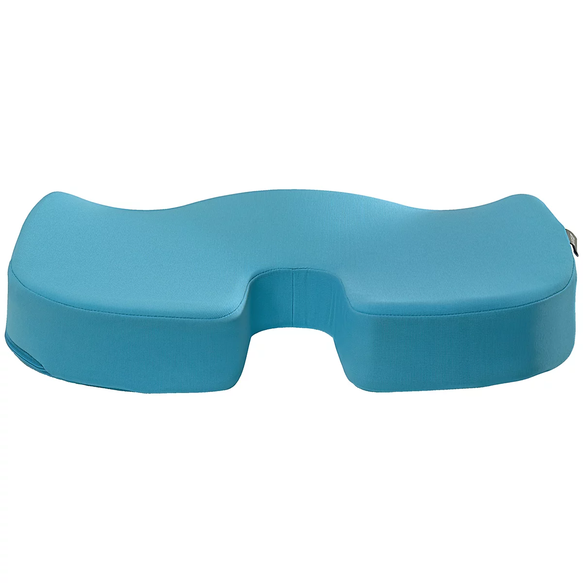 Coussin de siège turquoise avec une forme incurvée et une découpe.