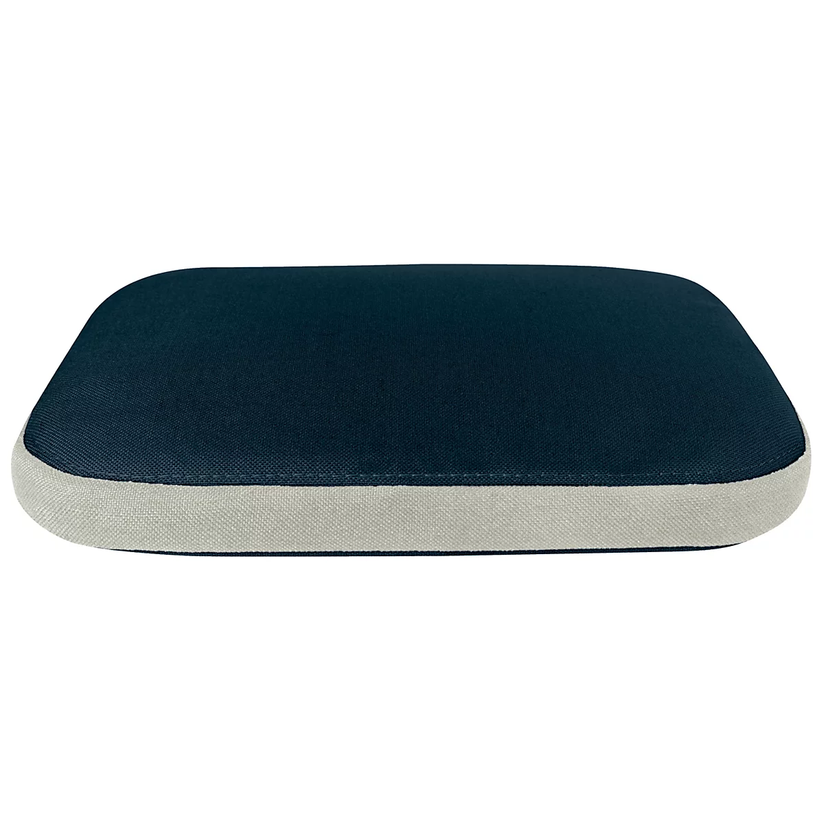 Coussin rectangulaire bleu avec une bordure beige clair. Une couture sépare les couleurs.