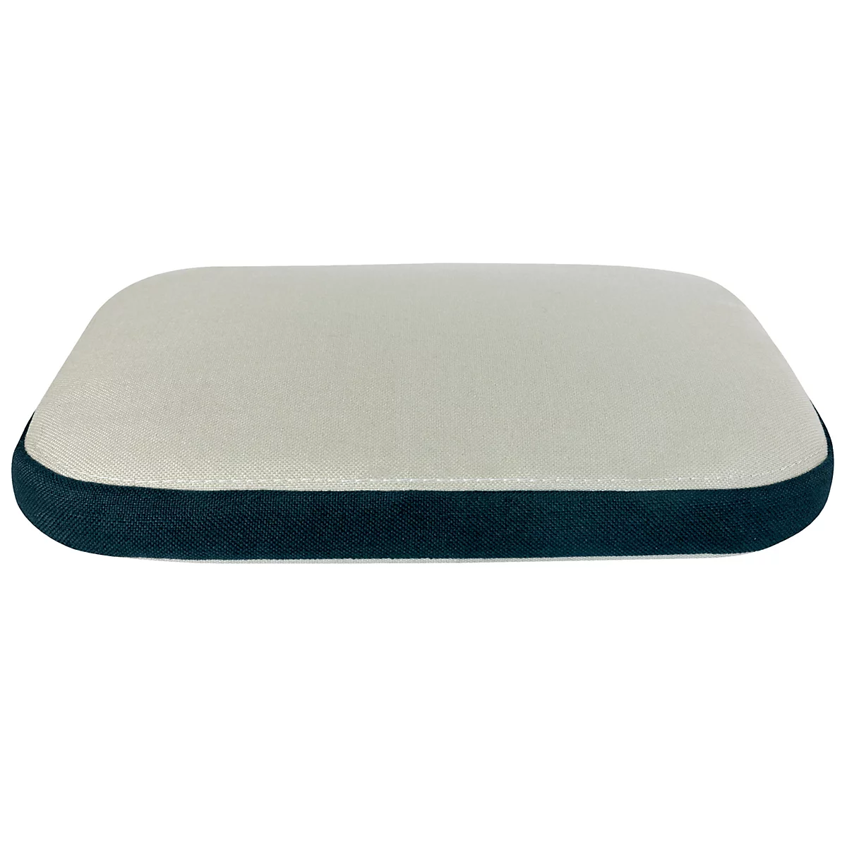 Coussin rectangulaire avec dessus crème et bordure bleu foncé.