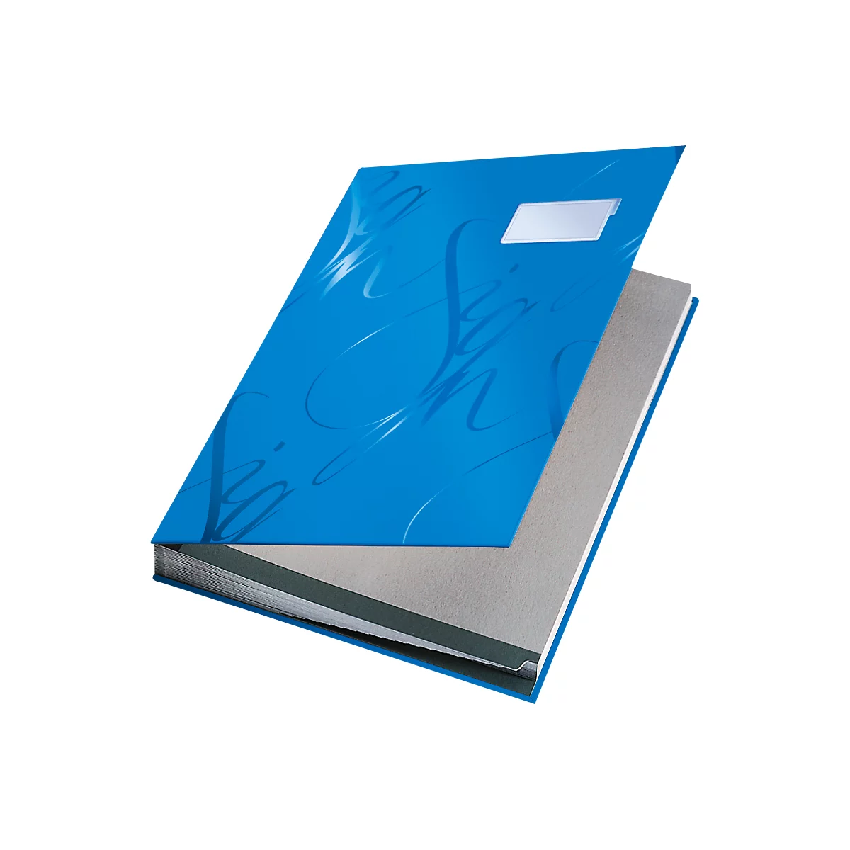 Blue file folder with open lid. A word is written on the cover in curvy letters. Small white label.