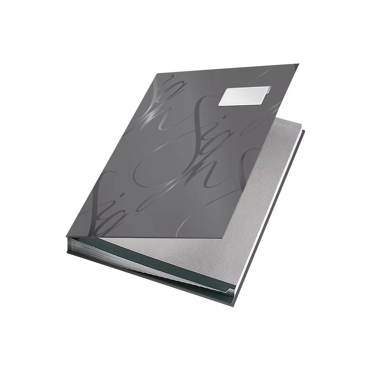 Gray photo album, the cover is slightly open. The cover has curly, silver lettering and a white box.