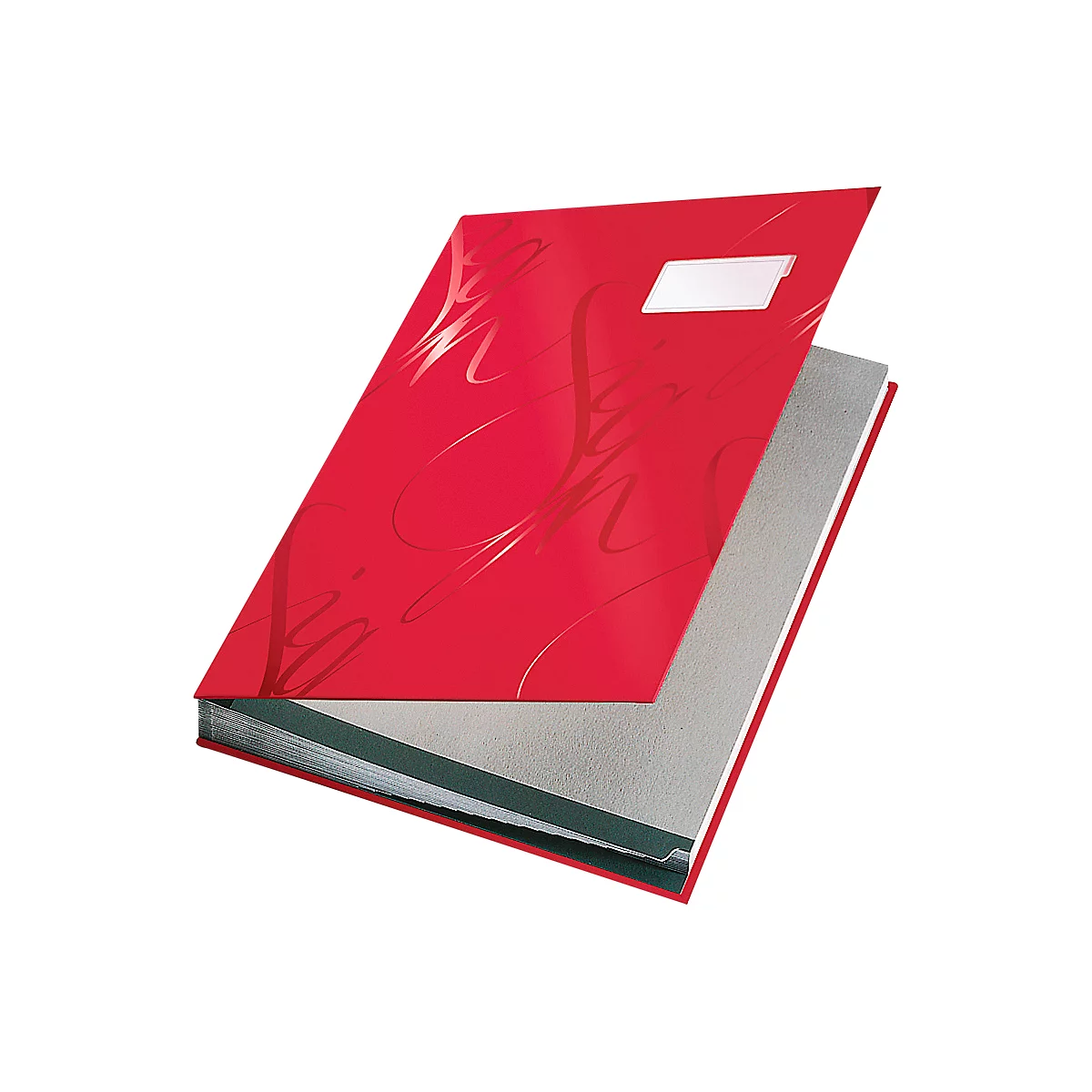 A red binder that is open. There is a white area and intertwined lettering on the cover.