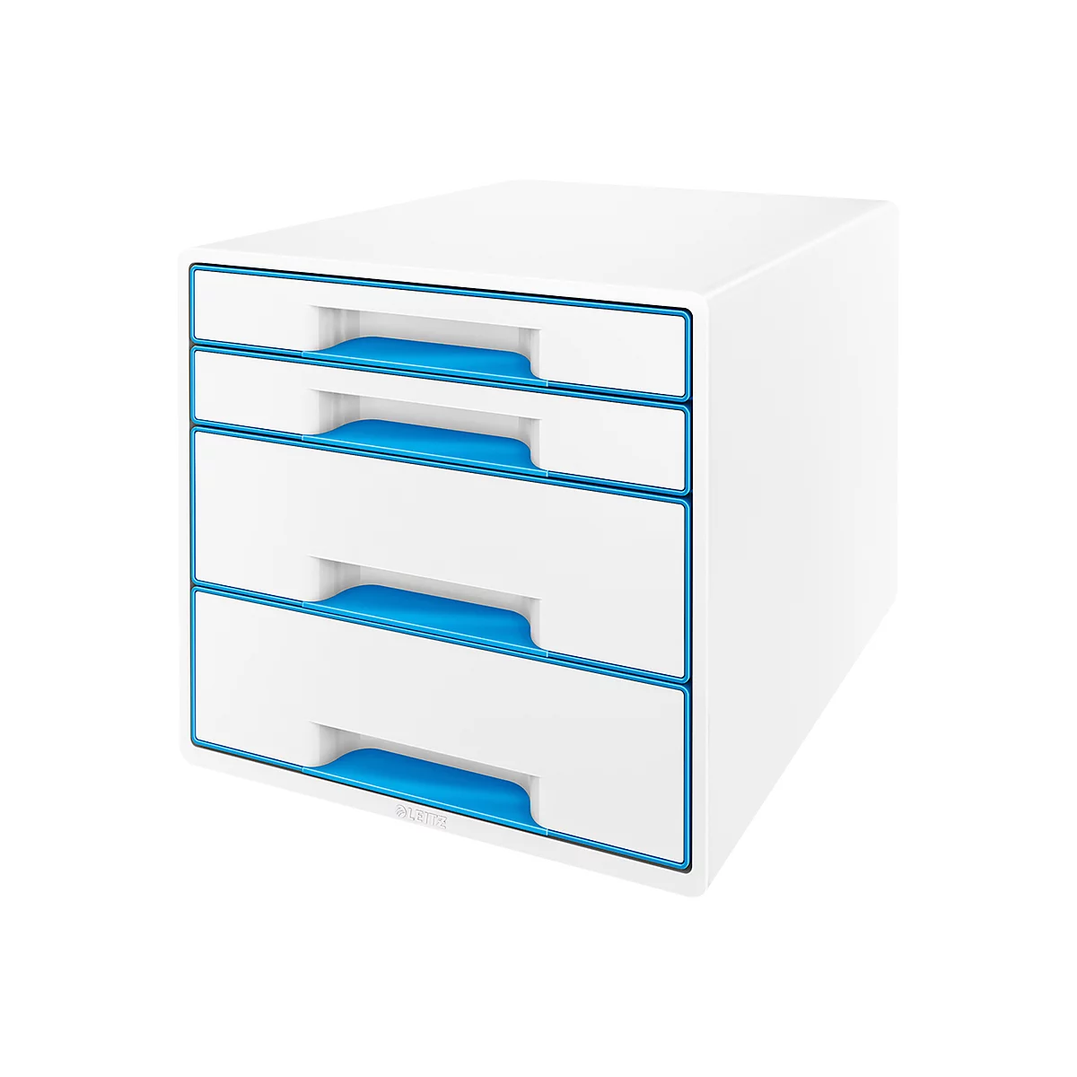 White office drawer cabinet with four drawers. Blue accents on handles and frame.