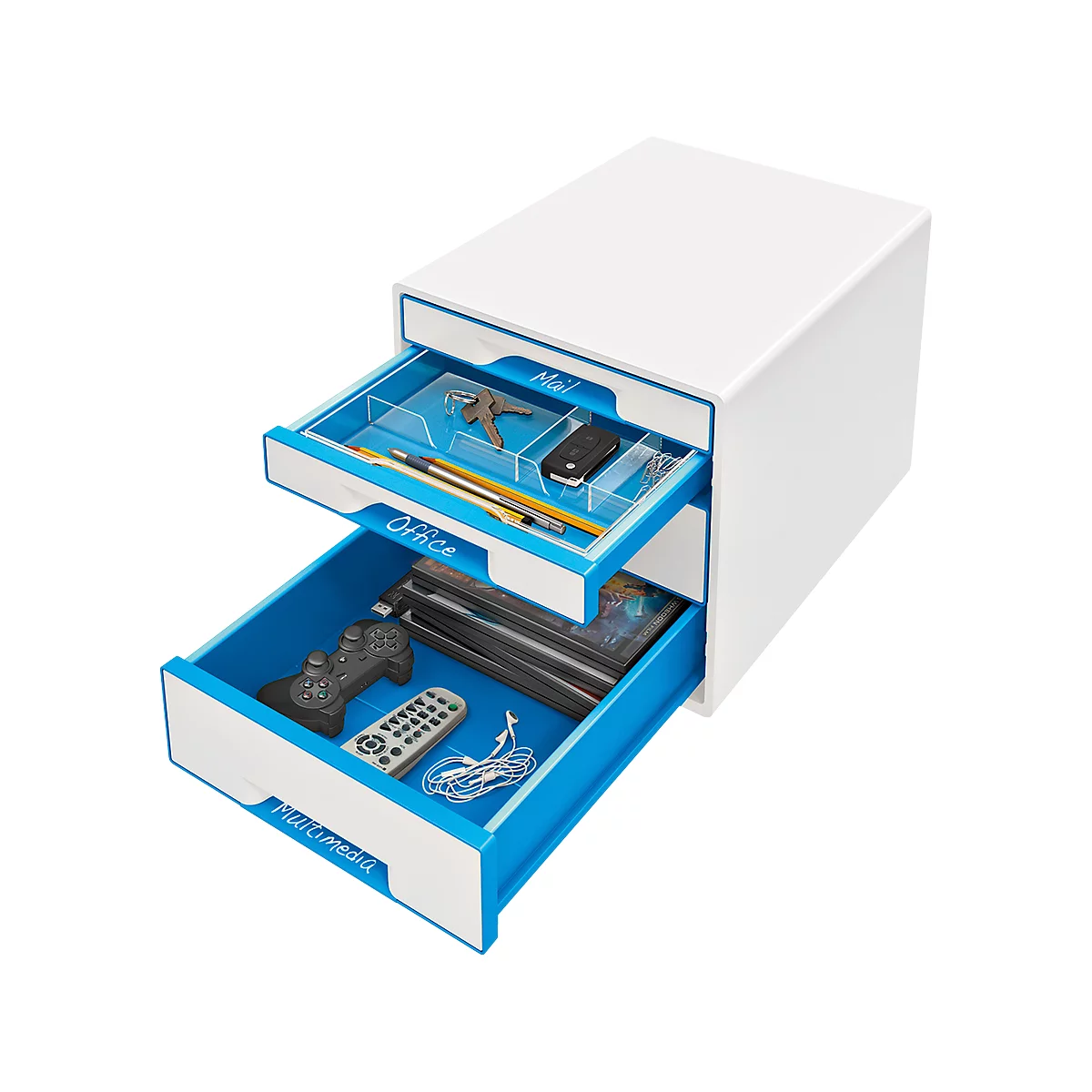 White drawer cabinet with blue drawers, labeled Mail, Office and Multimedia. Drawers filled with items.