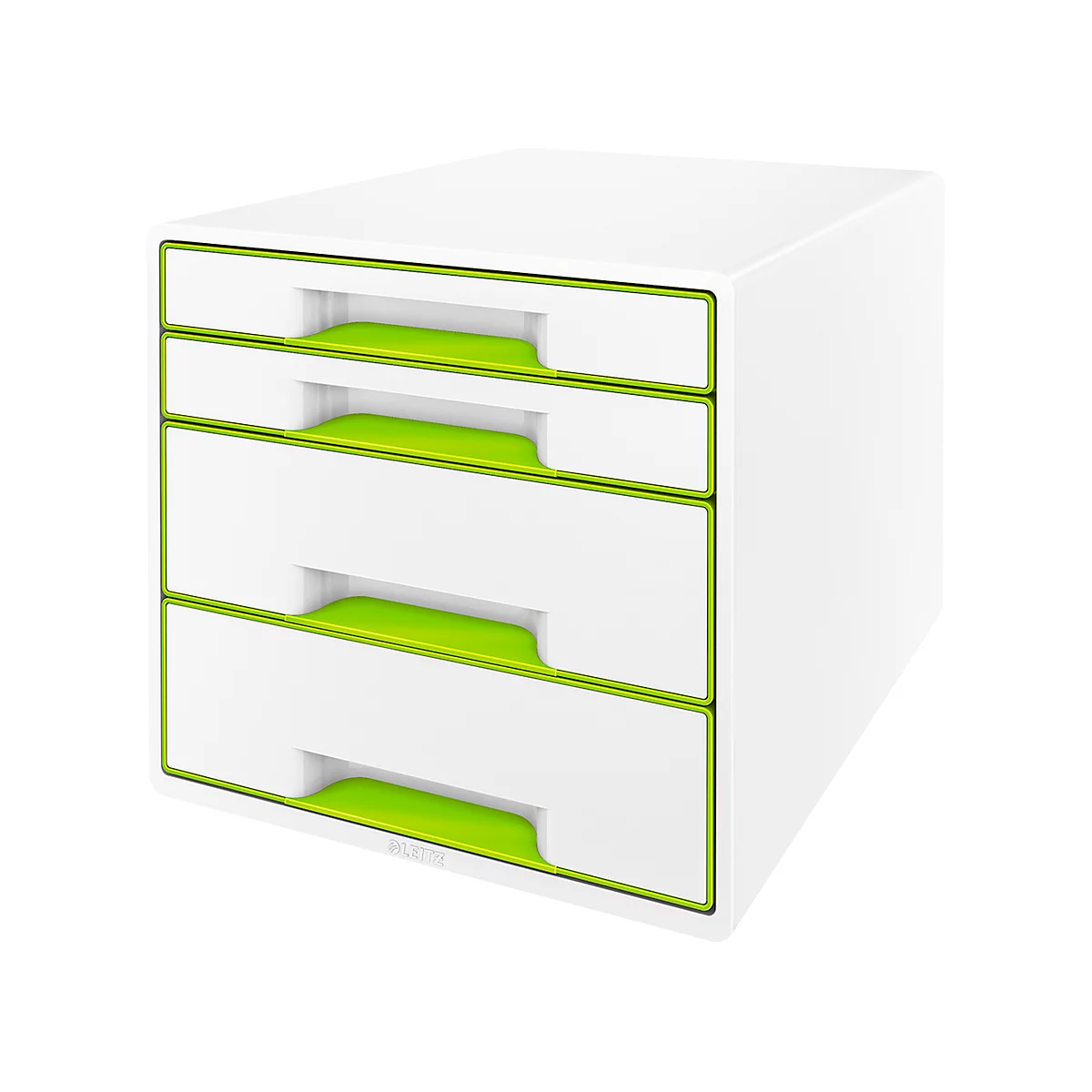 White drawer cabinet with four drawers with green handles and frames.