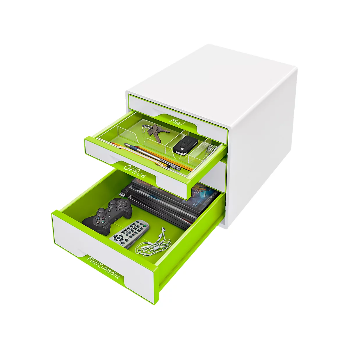 White, two-story drawer system with green interior compartments filled with office supplies and consumer electronics.