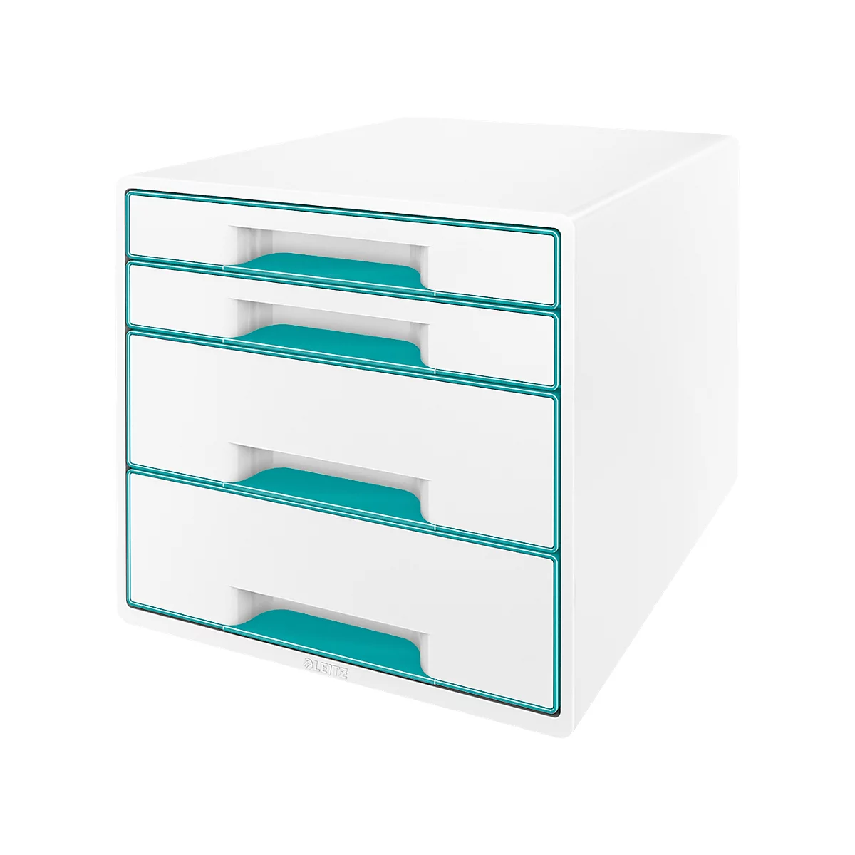White office drawer unit with four drawers. The handles and frames are turquoise.
