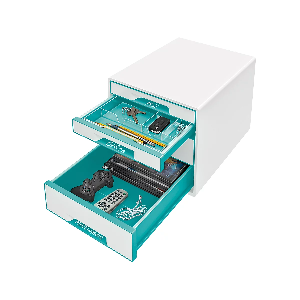 White drawer cabinet with turquoise drawers. Labeled Mail, Office and Multimedia. Contents: keys, remote control, gamepad.