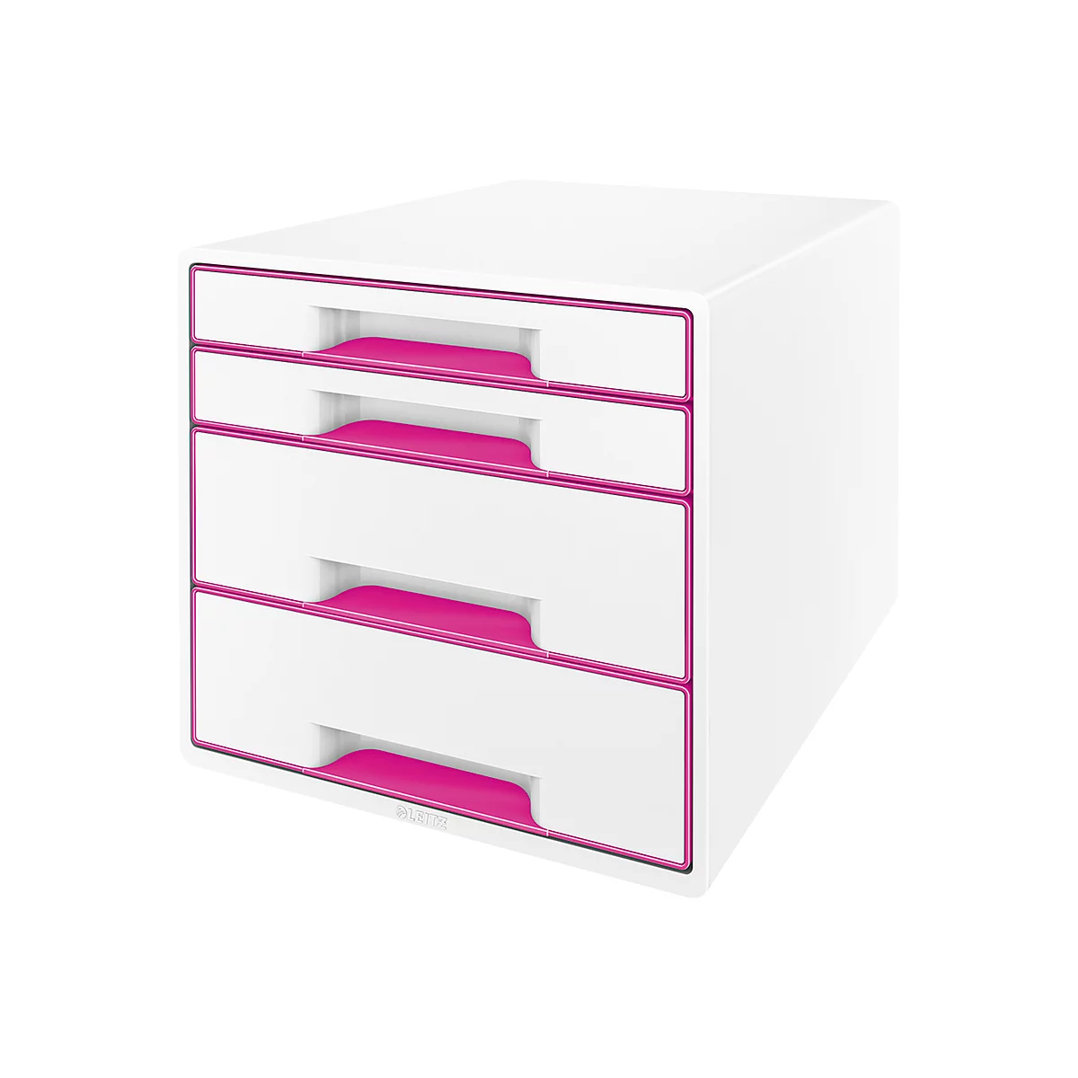 White desk organizer with four drawers, pink frames and handle recesses.