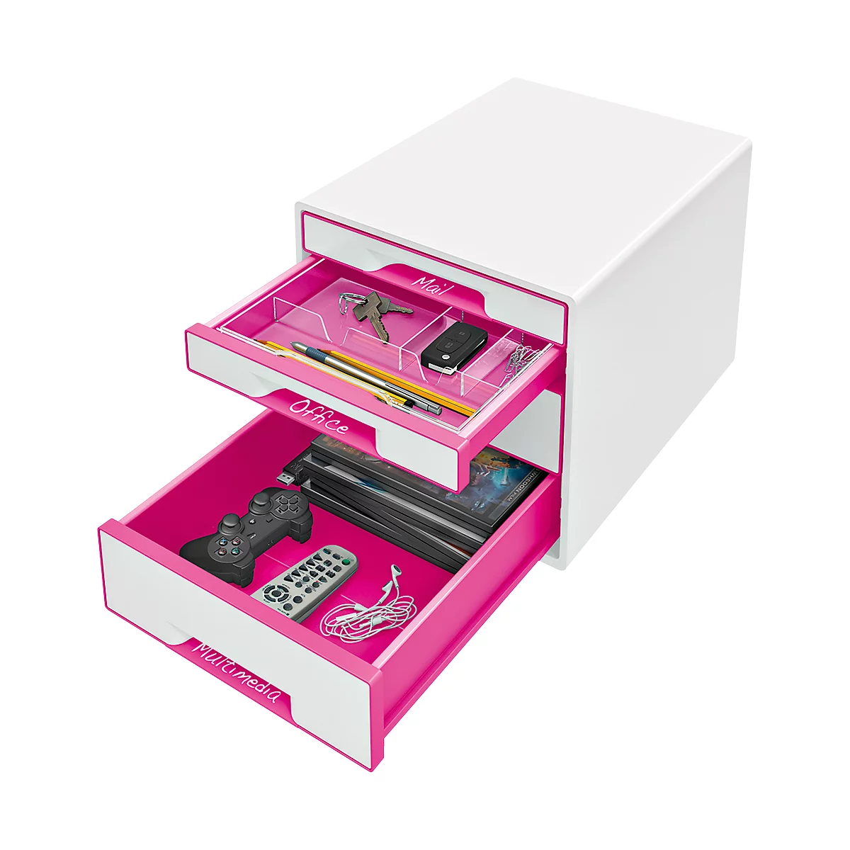 White desk organizer with three drawers, pink interior. Labeled with 'Mail', 'Office', 'Multimedia'.