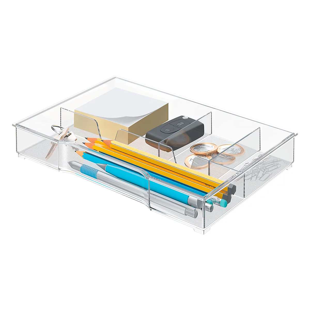 Transparent drawer box with contents: pens, notepaper, keys, coins.