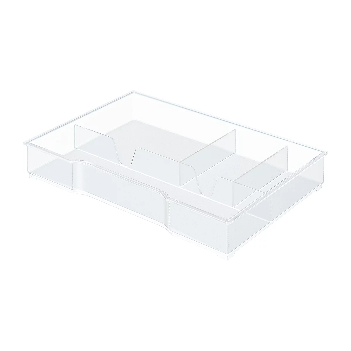 Transparent drawer insert with multiple compartments. Divided into individual areas.