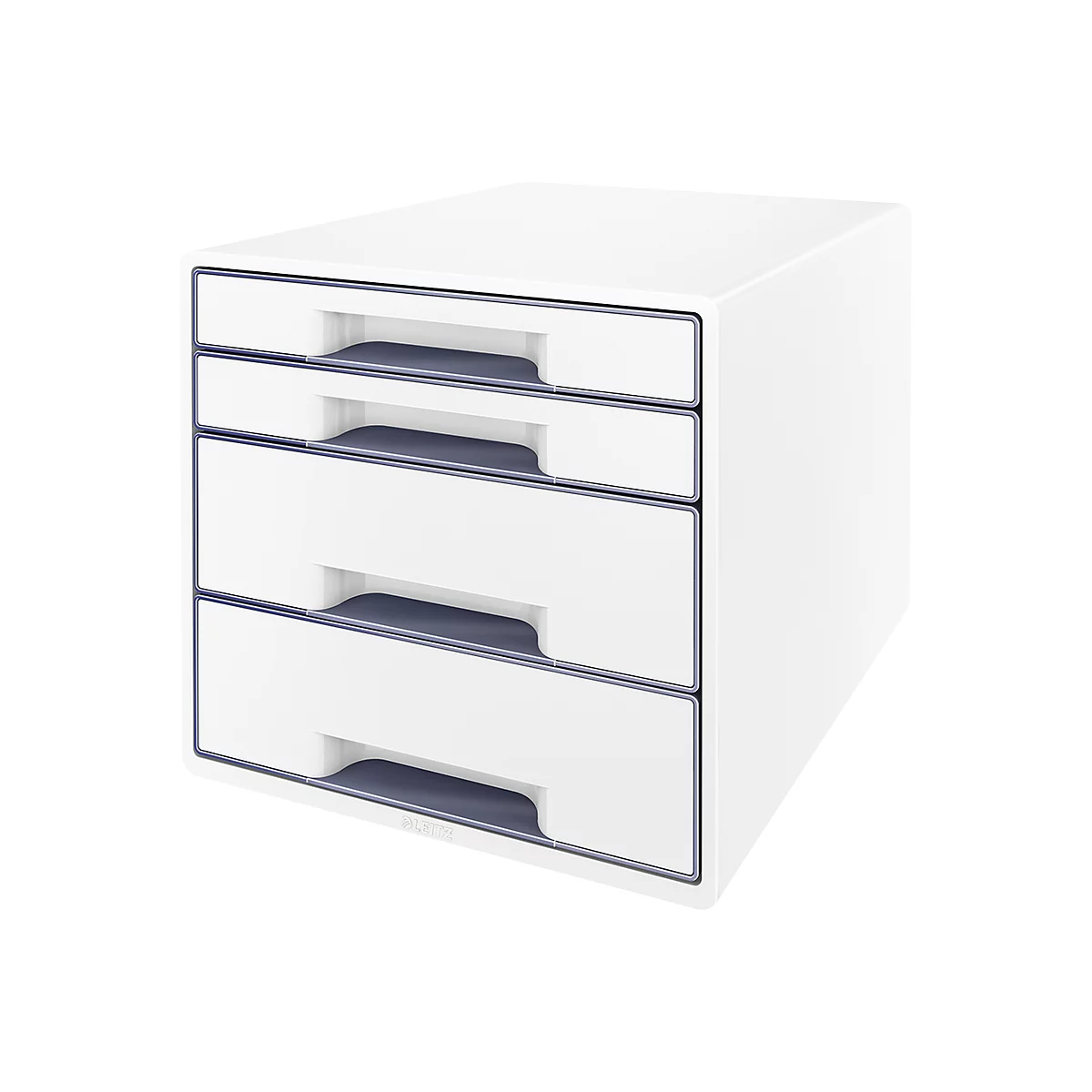 White drawer cabinet with four drawers and dark blue handles. Square shape.