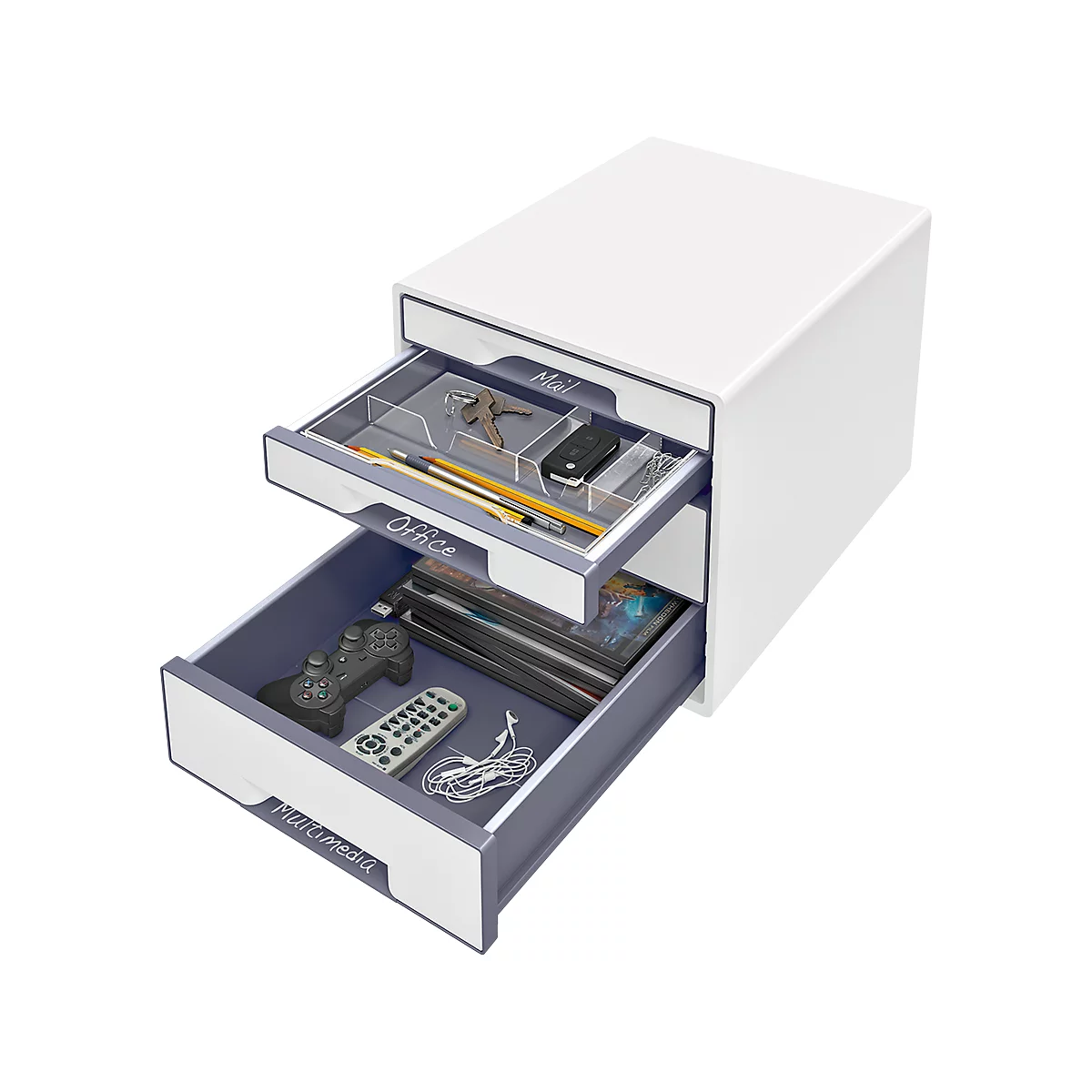 White drawer cabinet with open drawers. Contents: keys, pens, remote control, controller, CDs, and cables.
