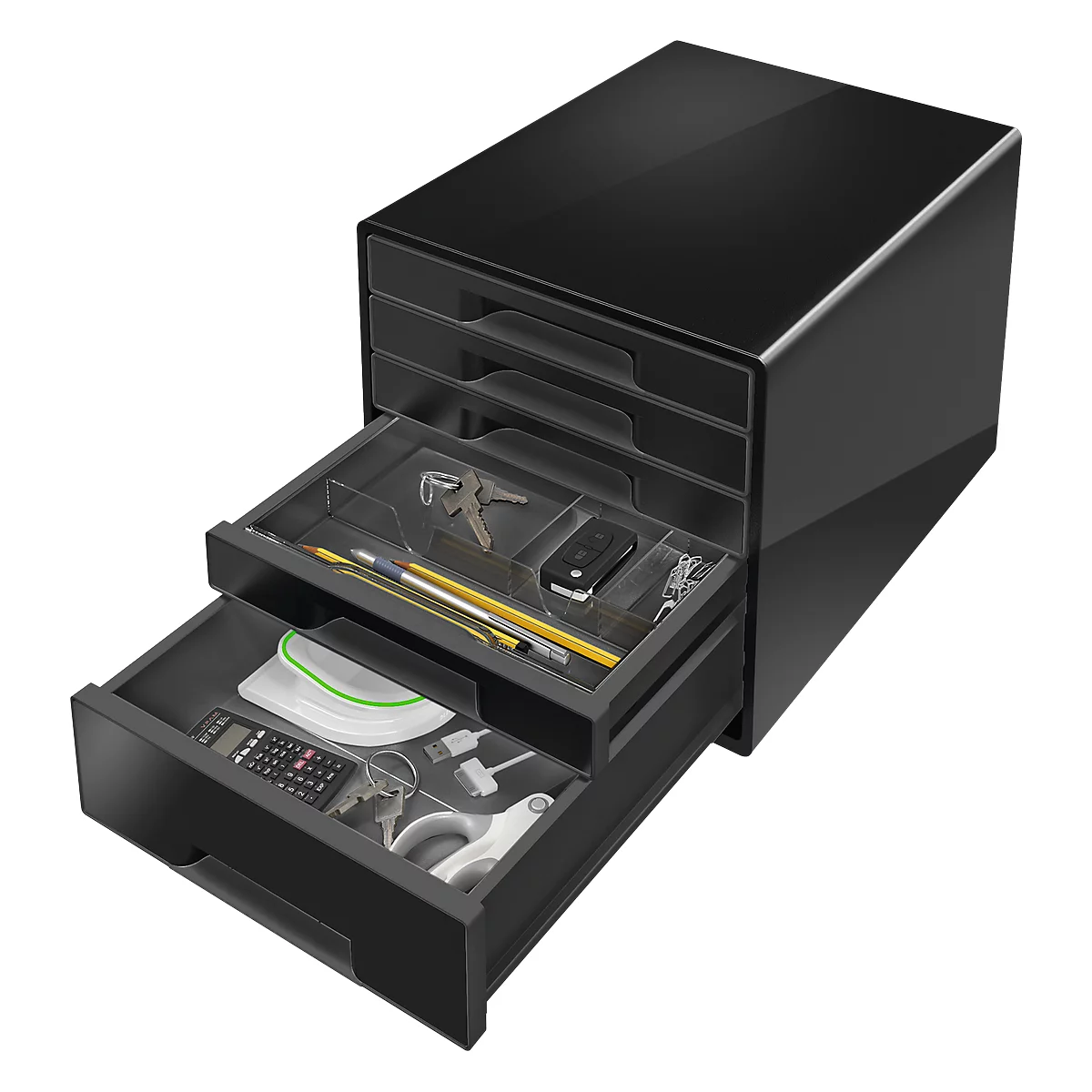 Black drawer box with partially opened drawers. Inside are keys, pens, a car key, and other items.