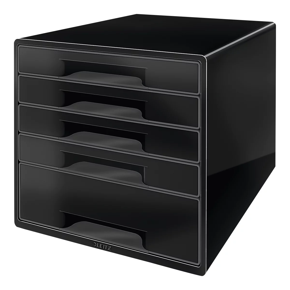 Black, glossy storage box with five drawers and recessed handles. 'LEITZ' is written on the bottom drawer.