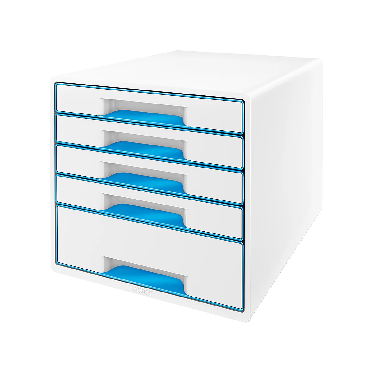 White drawer element with four drawers, blue handles and accents.