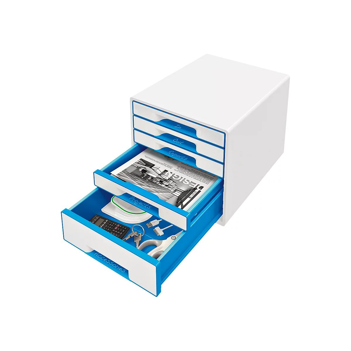 White cabinet module with drawers; two drawers open with contents.