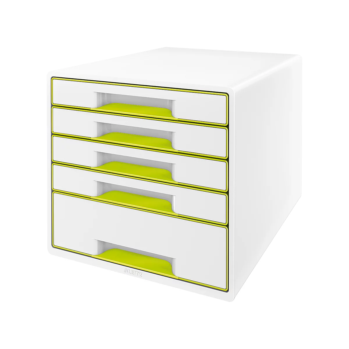 White drawer cabinet with four drawers, lime green recessed grips and frames.