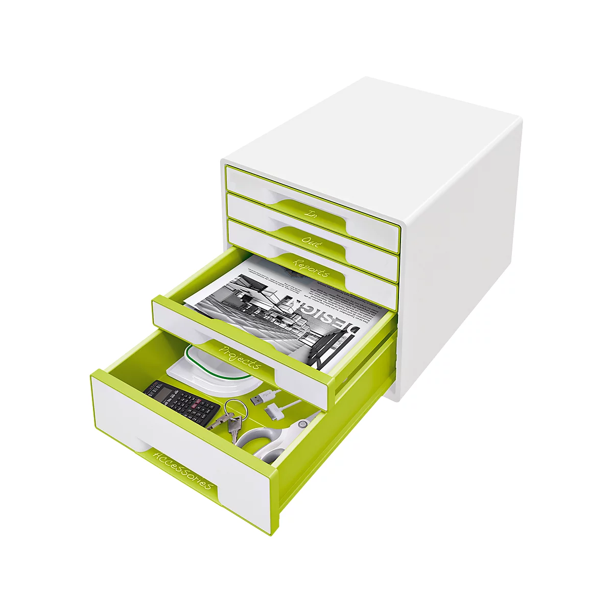 White drawer system with open green drawers. Contains a magazine, keys, remote control and office supplies.