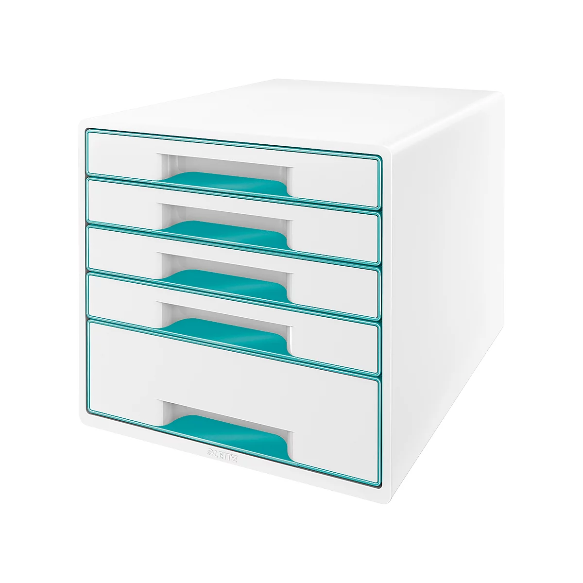 White drawer cabinet with 4 drawers with turquoise accents.