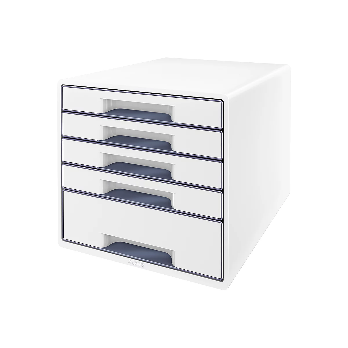 White drawer cabinet with four drawers. Gray recessed handles. The cabinet stands in front of a white background.