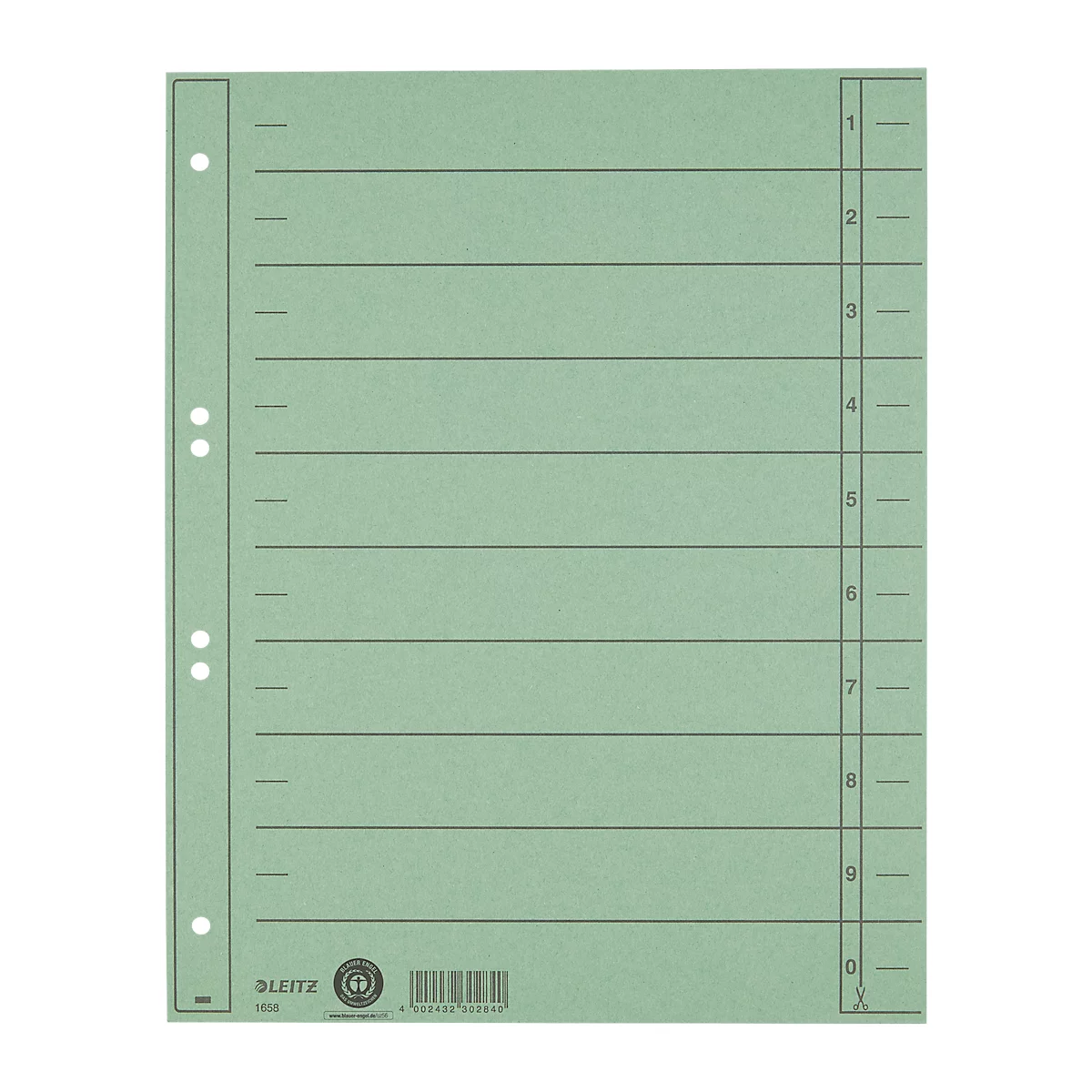 Green index card sheet with perforation and lines, numbers 1-10 on the right.