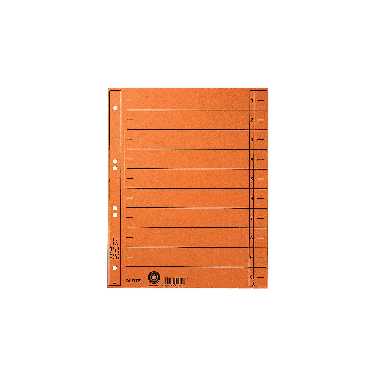 An orange punched document folder with horizontal black lines and numbers from 1 to 0.